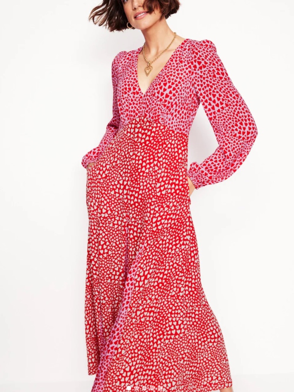 Boden Lisa Pink and Red Heart-Print Long Sleeve Maxi Dress